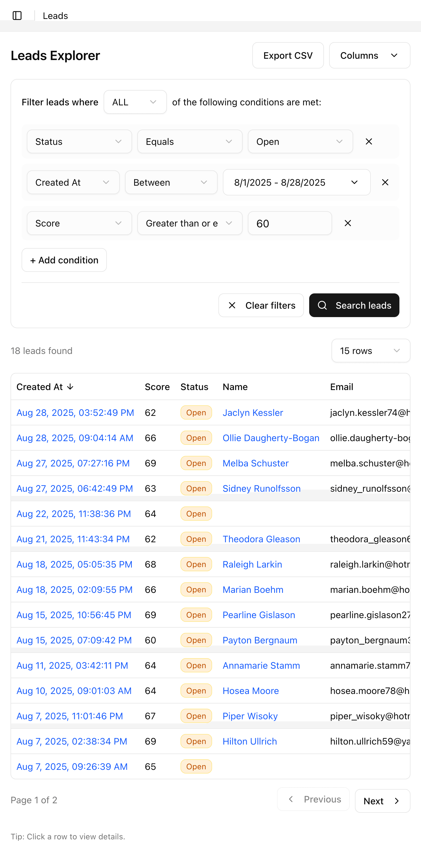 Lead Explorer view showing filters and results